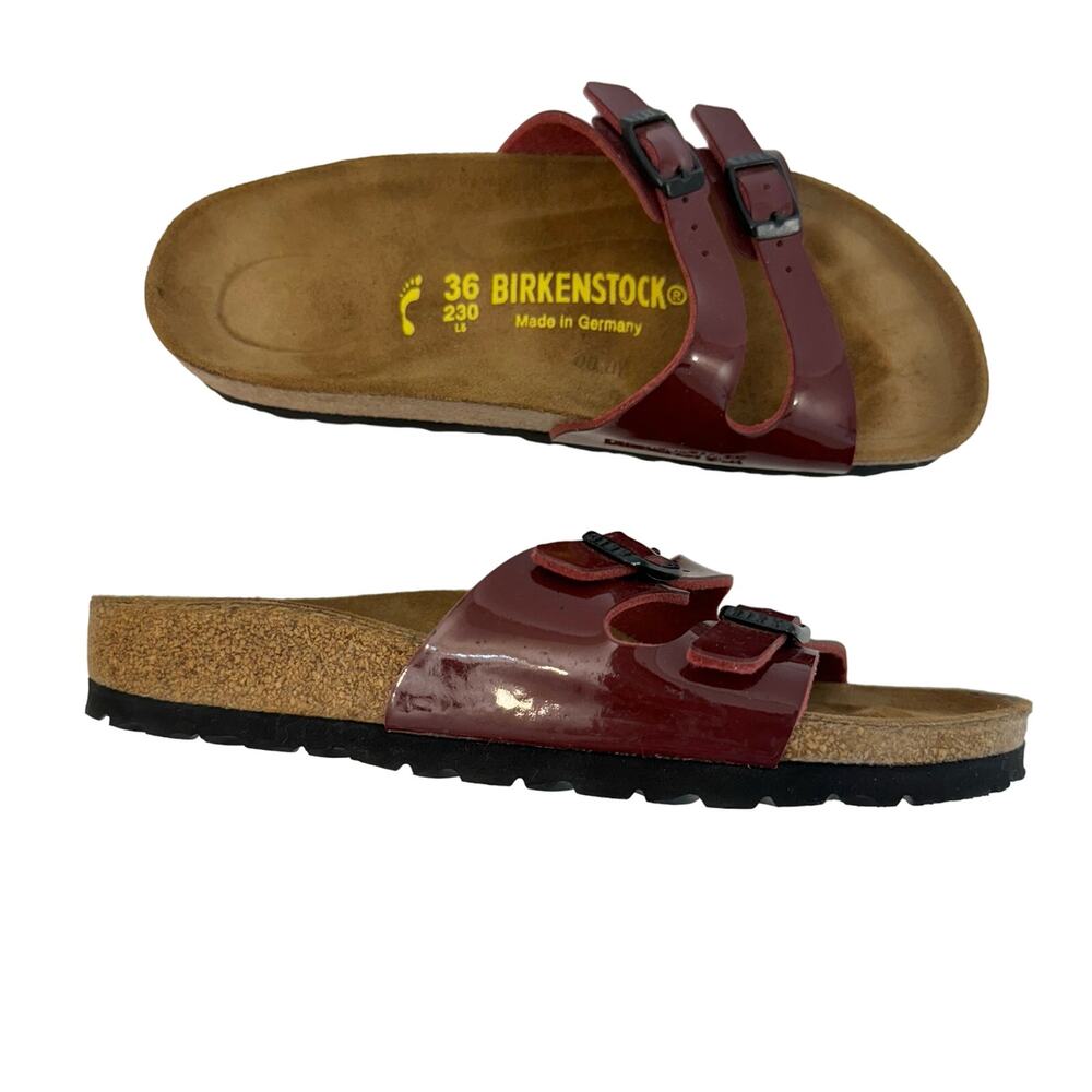 Birkenstock Ibiza 2-Strap Patent Leather Sandals Slides Red Garnet 36 L5 Narrow